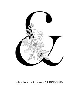 Decorative floral ampersand on the white background.