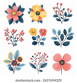 Decorative floral arrangement collection with stylized flowers leaves and berries in vector format
