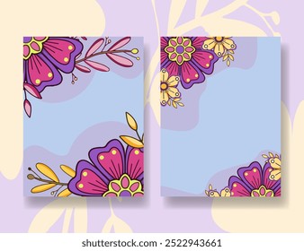 A decorative floral background design featuring vibrant pink and purple flowers with yellow accents on a soft pastel backdrop. Ideal for posters, invitations, and creative print media