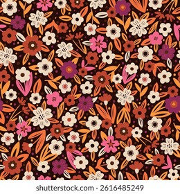 Decorative floral background. Fabric and surface pattern design with hand drawn simple flowers. Retro style vector seamless pattern. Nostalgic vintage groovy allover print.