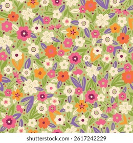 Decorative floral background. Fabric and surface pattern design with hand drawn simple flowers. Retro style vector seamless pattern. Nostalgic vintage groovy allover print.