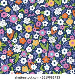 Decorative floral background. Fabric and surface pattern design with hand drawn simple flowers. Retro style vector seamless pattern. Nostalgic vintage groovy allover print.