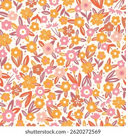 Decorative floral background. Fabric and surface pattern design with hand drawn simple flowers. Retro style vector seamless pattern. Nostalgic vintage groovy allover print.