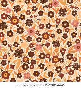 Decorative floral background. Fabric and surface pattern design with hand drawn simple flowers. Retro style vector seamless pattern. Nostalgic vintage groovy allover print.