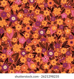 Decorative floral background. Fabric and surface pattern design with hand drawn simple flowers. Retro style vector seamless pattern. Nostalgic vintage groovy allover print.