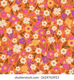 Decorative floral background. Fabric and surface pattern design with hand drawn simple flowers. Retro style vector seamless pattern. Nostalgic vintage groovy allover print.