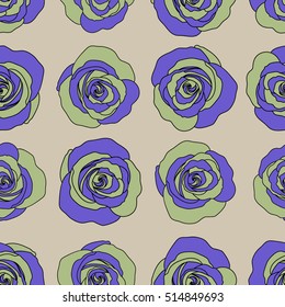 Decorative floral background with flowers of roses. Vector seamless pattern with abstract blue, gray and green roses.