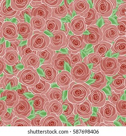 Decorative floral background with flowers of roses. Vector seamless pattern with abstract pink and red roses and green leaves.