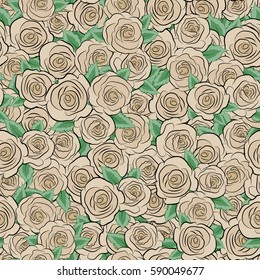 Decorative floral background with flowers of roses. Vector seamless pattern with abstract beige roses and green leaves.