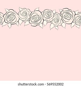 Decorative floral background with horizontal flowers of roses with copy space (place for your text). Vector seamless pattern with abstract neutral roses.