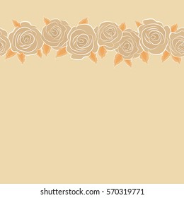Decorative floral background with horizontal flowers of roses with copy space (place for your text). Vector seamless pattern with abstract beige and orange roses.
