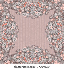 Decorative floral background, illustration with gorgeous ornamental frame. You can use it like invitation or greeting card