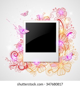 Decorative floral background with red flowers and photo