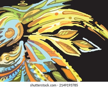Decorative floral background for textiles or prints. Watercolor abstract wavy tropical flowers on a black backdrop for interior solutions, posters, cover, wallpaper, fashion trends, card, fabric, etc.