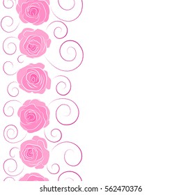 Decorative floral background with vertical flowers of roses with copy space (place for your text). Vector seamless pattern with abstract pink and magenta roses.