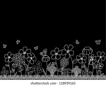 Decorative floral background - white cartoon flowers on a black background. EPS10 vector.