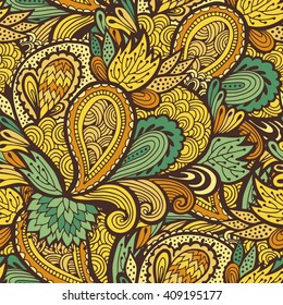 Decorative floral background, yellow and green abstract flowers hand drawn seamless vector pattern