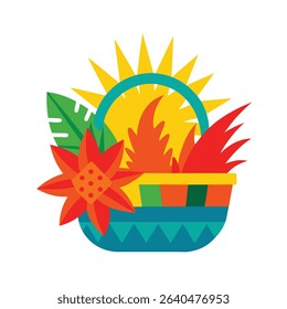 Decorative floral basket with sun rays and foliage in a bright, vibrant color palette