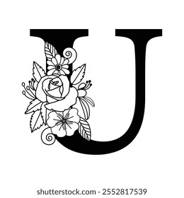 Decorative Floral Black and White Alphabet U Monogram with Flowers, Leaves, and Vines