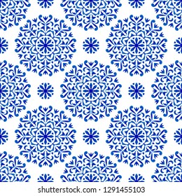 decorative floral blue pattern, blue and white mandala background, beautiful porcelain damask wallpaper, ceramic decor vector illustration