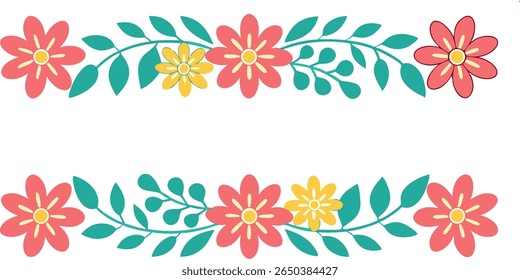 A decorative floral border featuring alternating coral pink and yellow flowers with teal green leaves and stems, creating a symmetrical and cheerful botanical arrangement.