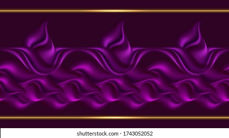 Decorative floral border. Purple wave with flowers and golden border lines. Abstract background or frame. Smooth satin texture. Vector illustration