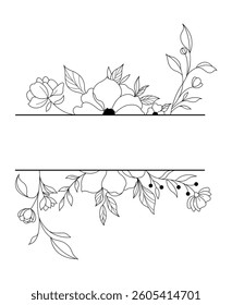 Decorative Floral Border Vector Design Images, Title Name Border flower Hand Draw Decoration, Name Border, leave Hand Draw. branch frame with black flowers. Hand drawn mono line floral background.