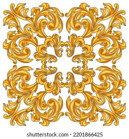 Decorative floral ceramic tile in baroque style. Golden curling plant.