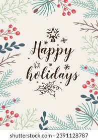 Decorative floral Christmas card with evergreen plants and lettering. Christmas and New year design.