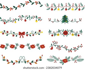 Decorative Floral Christmas Dividers and Borders with Mistletoe Leaves, Fir Branches and Twigs