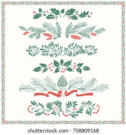 Decorative Floral Christmas Dividers and Borders with Mistletoe Leaves, Fir Branches and Twigs