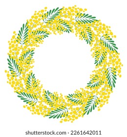 Decorative floral circular frame. Frame made of branches of a blooming mimosa. Template for postcard, invitation, greeting card. Vector illustration