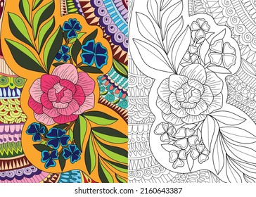 Decorative floral coloring book page illustration for adults art drawing relaxing 