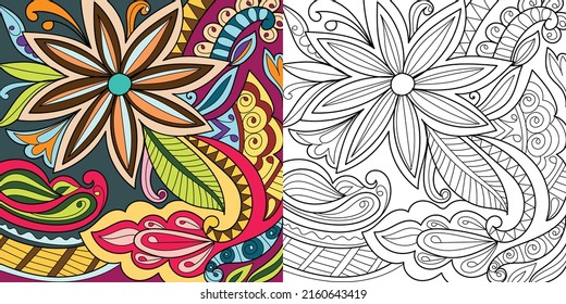 Decorative floral coloring book page illustration for adults art drawing relaxing 