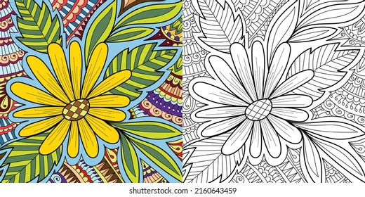Decorative floral coloring book page illustration for adults art drawing relaxing 