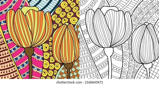 Decorative floral coloring book page illustration for adults art drawing relaxing 