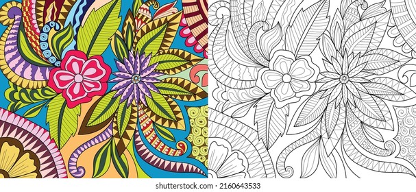Decorative floral coloring book page illustration for adults art drawing relaxing 