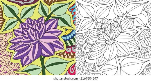 Decorative floral coloring book page illustration for adults art drawing relaxing 