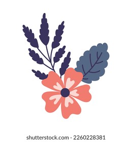 Decorative floral composition. Cute vector illustration with red flower, blue twig and leaf for greeting card, poster, banner, t shirt print in trendy flat botanical style