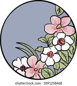 Decorative floral composition of different flowers. Hand-drawn round vector illustration.