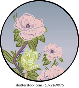 Decorative floral composition with the different flowers. Hand-drawn round vector illustration.