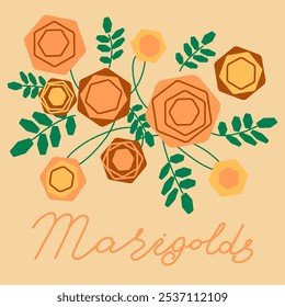 Decorative floral composition with marigold fowers. Geometric floral illustration.