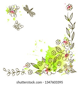 Decorative floral composition, template for postcard, letter of invitation save the date card hand drawn by ink and nib and transferred to vector