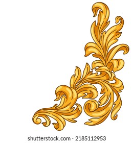 Decorative floral corner in baroque style. Golden curling plant.