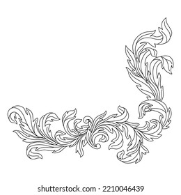 Decorative floral corner in baroque style. Engraved black curling plant.