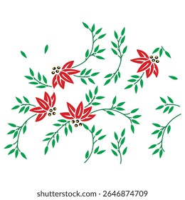 Decorative Floral Corner Design Red Flower with Green Leaves Vector
