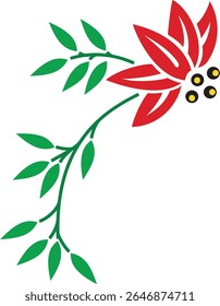 Decorative Floral Corner Design Red Flower with Green Leaves Vector