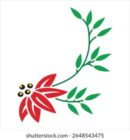 Decorative Floral Corner Design  Red Flower with Green Leaves Vector and tree