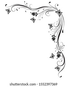 Decorative floral corner ornament with butterflies for angular stencil isolated on white background