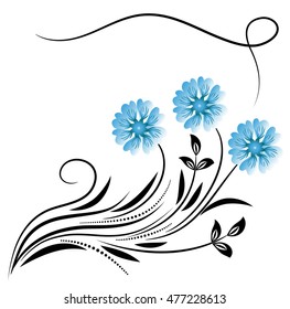 Decorative floral corner ornament with daisy on white background